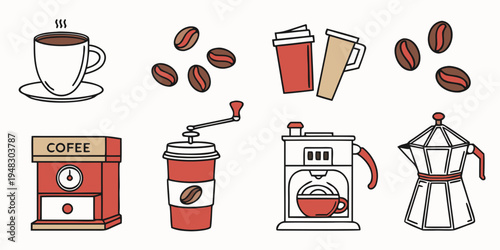 a collection of coffee related items and equipment Vector