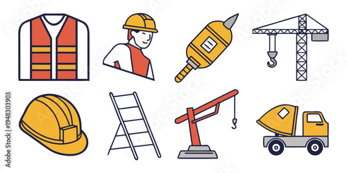 construction icons including safety gear and equipment Vector