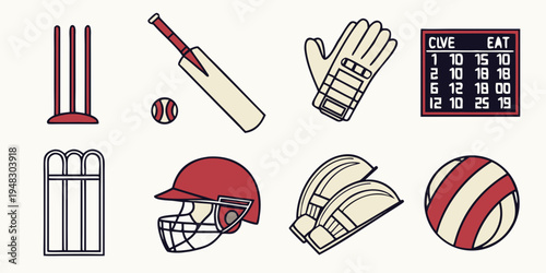 a collection of cricket equipment and accessories Vector
