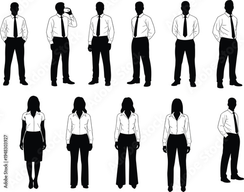 "Business professional silhouettes of men and women in formal attire including suits, ties, skirts, and blouses representing workplace diversity and corporate vector art design"
