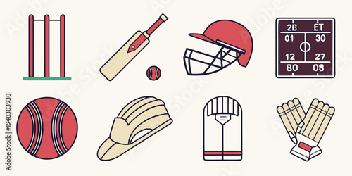 a collection of cricket equipment Vector