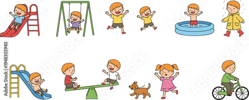 Cartoon children outdoor activities including playground, cycling, swimming, rain walk, and pet play design