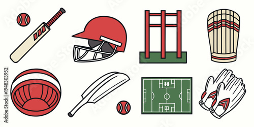 a collection of cricket equipment and sports gear Vector