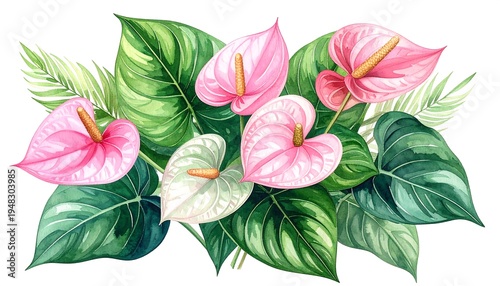 Anthurium flowers & lush leaves; digital painting