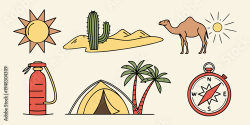 a collection of desert and camping icons Vector
