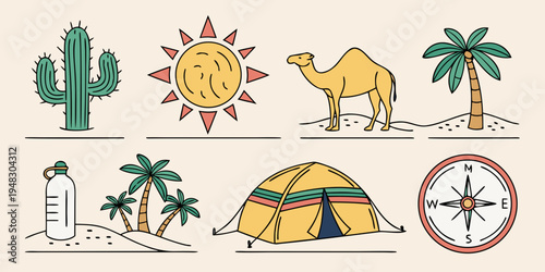 a set of desert icons including cactus and camel Vector