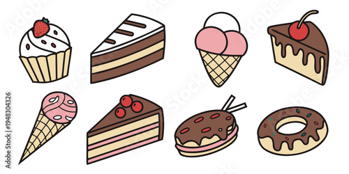 a collection of sweet treats including cupcakes and ice cream Vector