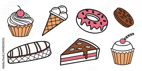 A variety of sweet treats including cupcakes and cake Vector