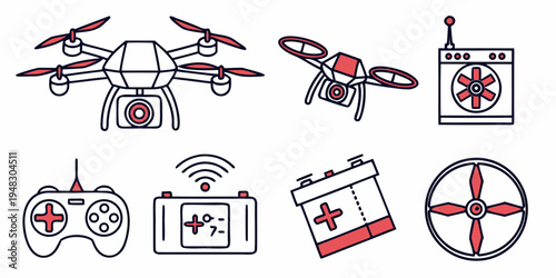 red and gray drone and drone accessories Vector