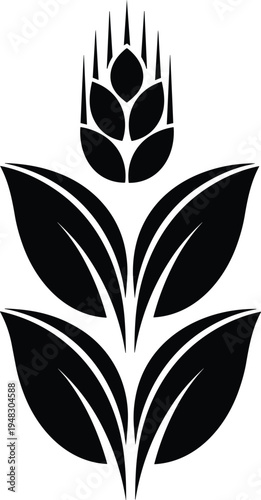 Wheat plant silhouette icon with leaves and grain head, agriculture crop symbol isolated on white background for farming, organic food and harvest design