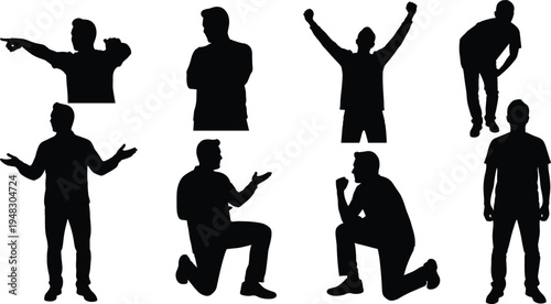 Human silhouettes in expressive poses, body language gestures, character animation concept, diverse actions, standing, kneeling, pointing, celebrating, questioning, triumph illustration