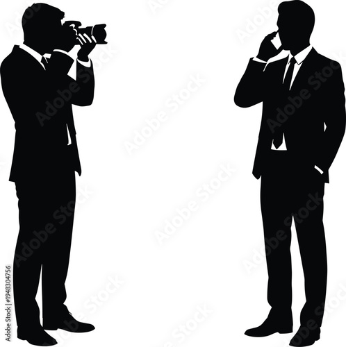 Businessman photographer and businessman talking on phone silhouettes isolated on light background, minimalist vector illustration of corporate professionals with camera and communication concept