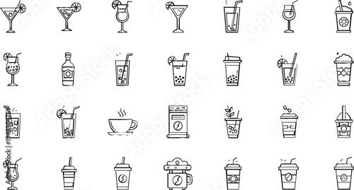 Set of Vector Illustrations Featuring Various Drink Icons, Including Cocktails, Juices, Coffee, and Boba Tea for Beverage Designs