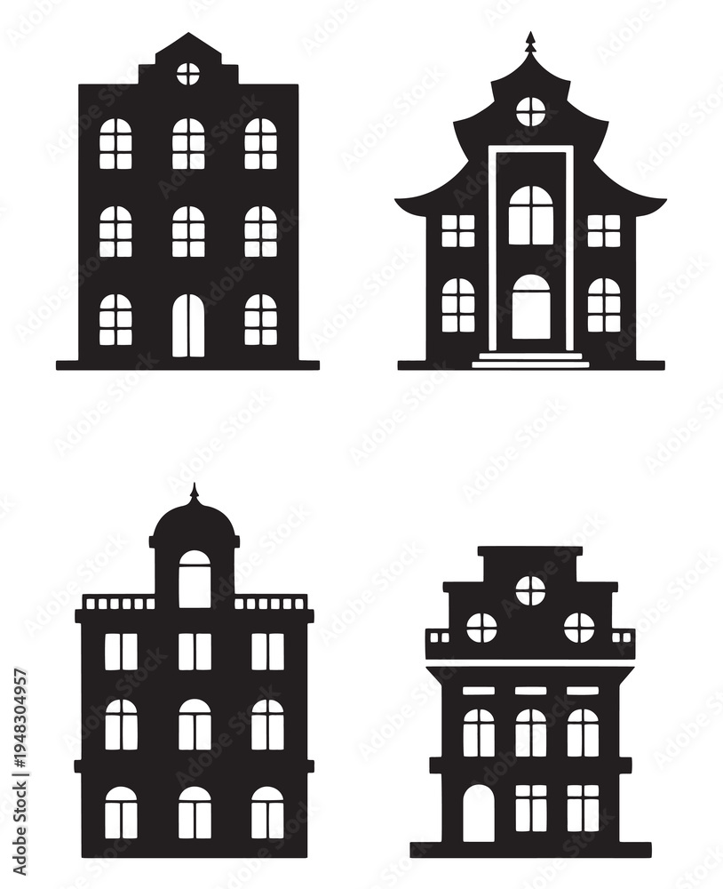 Fototapeta premium Collection of diverse architectural building silhouettes in black and white.