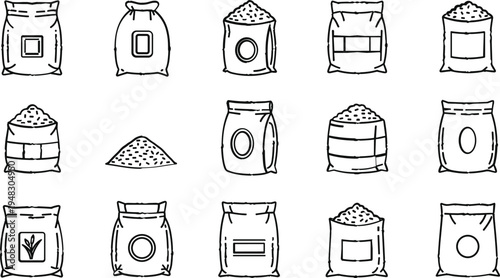 Set of Vector Icons Featuring Various Bags of Grains, Rice, and Flour with Different Designs for Packaging and Agriculture Designs