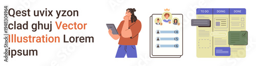 Task management, user interface design, productivity tools, user profiles, workflow, decision-making. A person holding a tablet, checklist on clipboard task board. Task management and user interface