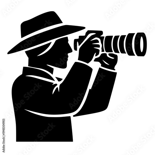 Silhouette of detective spying with vintage camera in black and white illustration