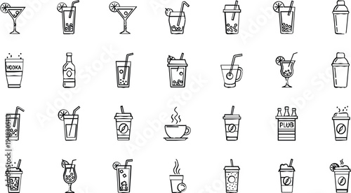 Set of Various Drink Icons Including Cocktails, Sodas, Coffee, and Soft Drinks for Bar, Restaurant, and Beverage Use