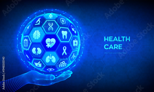 Digital hand holding a glowing sphere of healthcare representing global medical technology and innovation in a futuristic blue digital network