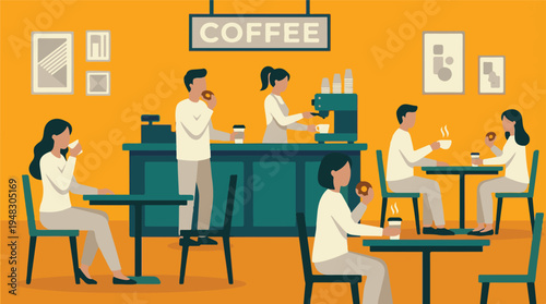 Modern flat design coffee shop with customers and barista