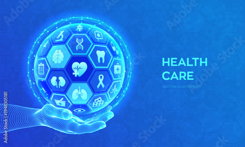 Digital hand holding a glowing sphere of healthcare representing global medical technology and innovation in a futuristic blue digital network