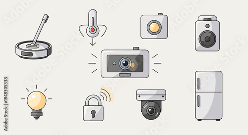 Collection of smart home devices including a vacuum, thermometer, cameras, lightbulb, lock, and refrigerator