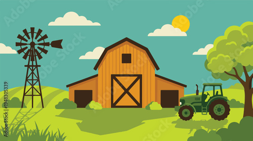 Idyllic farm landscape illustration with barn, windmill, and tractor