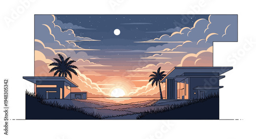 Modern coastal homes overlook a vibrant sunset by the sea