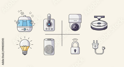 Assortment of modern smart home devices including humidifier, camera, lock, light, and vacuum