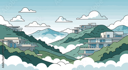 Modern homes perched on lush, green hillsides under a cloudy sky