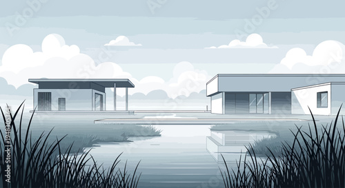 Minimalist modern homes flank a calm water body under a cloudy sky