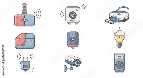 Collection of smart home devices including a camera, plug, speaker, and more