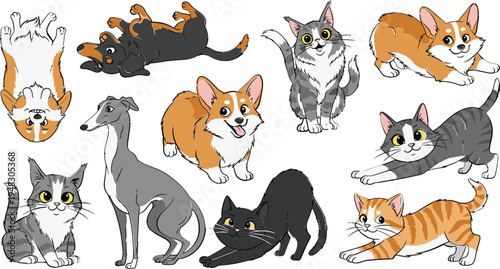 Cute Cats and Dogs Illustration Set with Playful Poses and Colorful Characters for Pet Lovers and Animal Lovers