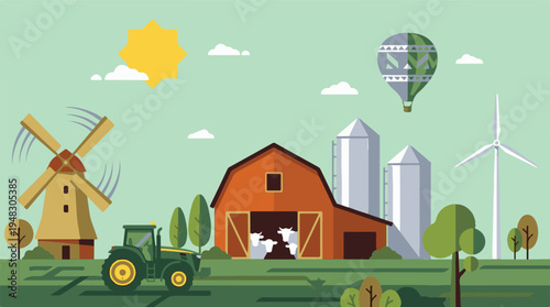 Idyllic rural farm landscape with agricultural elements in flat design