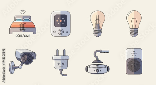 Collection of smart home devices bed, remote, lights, camera, plug, speaker
