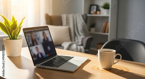 Professional remote worker participating in virtual team meeting on sleek silver laptop, cozy home office with natural sunlight, white ceramic mug of coffee, green indoor plant, modern gray sofa in