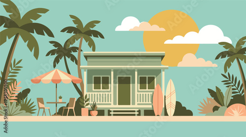 Tropical beach house and palm trees, a summer vacation flat design illustration