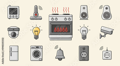 A collection of smart home devices, including appliances and security cameras