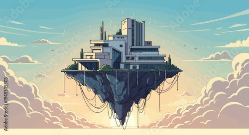 A futuristic building complex rests on a floating island amidst a cloudy, pastel sky