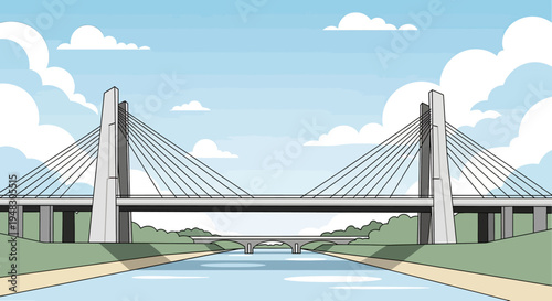 A wide river flows under two distinct modern and old bridges, under a blue sky