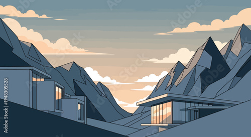 Modern geometric homes nestle in dramatic mountain valley at sunset