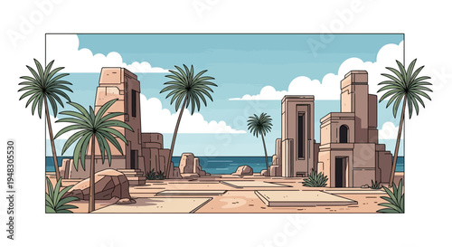 Ancient desert ruins with palm trees stand beside a blue ocean under a cloudy sky
