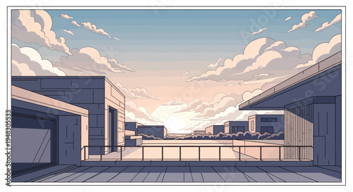 Overlooking a city skyline at sunrise with dramatic clouds