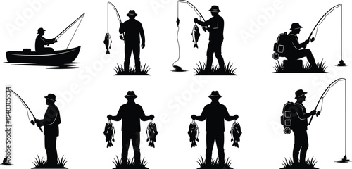 Silhouette illustrations of people fishing in diverse styles, including boat fishing, shore fishing, and holding catches, representing recreational angling and outdoor activity scenes