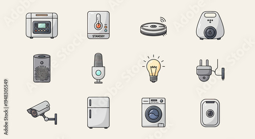Collection of smart home devices appliances, security, and convenience icons