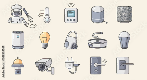 A digital illustration of smart home devices, including robots, appliances, and security