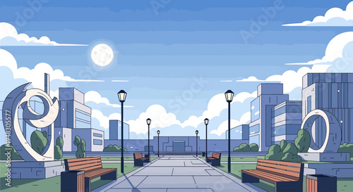 A modernist plaza with abstract sculptures, benches, and modern buildings under a full moon