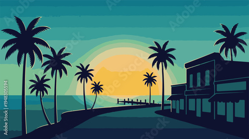 Tropical Sunset Illustration with Palm Trees, Ocean, and Coastal Town