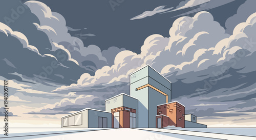 Geometric modern buildings stand starkly against a dramatic, cloudy sky over a snowy landscape