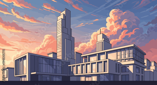 Modern cityscape with soft pastel clouds under a twilight sky